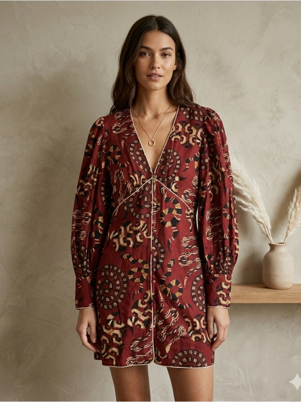 FARM Rio Burgundy Patterned Long Sleeve Mini Dress - Picture 2 of 16